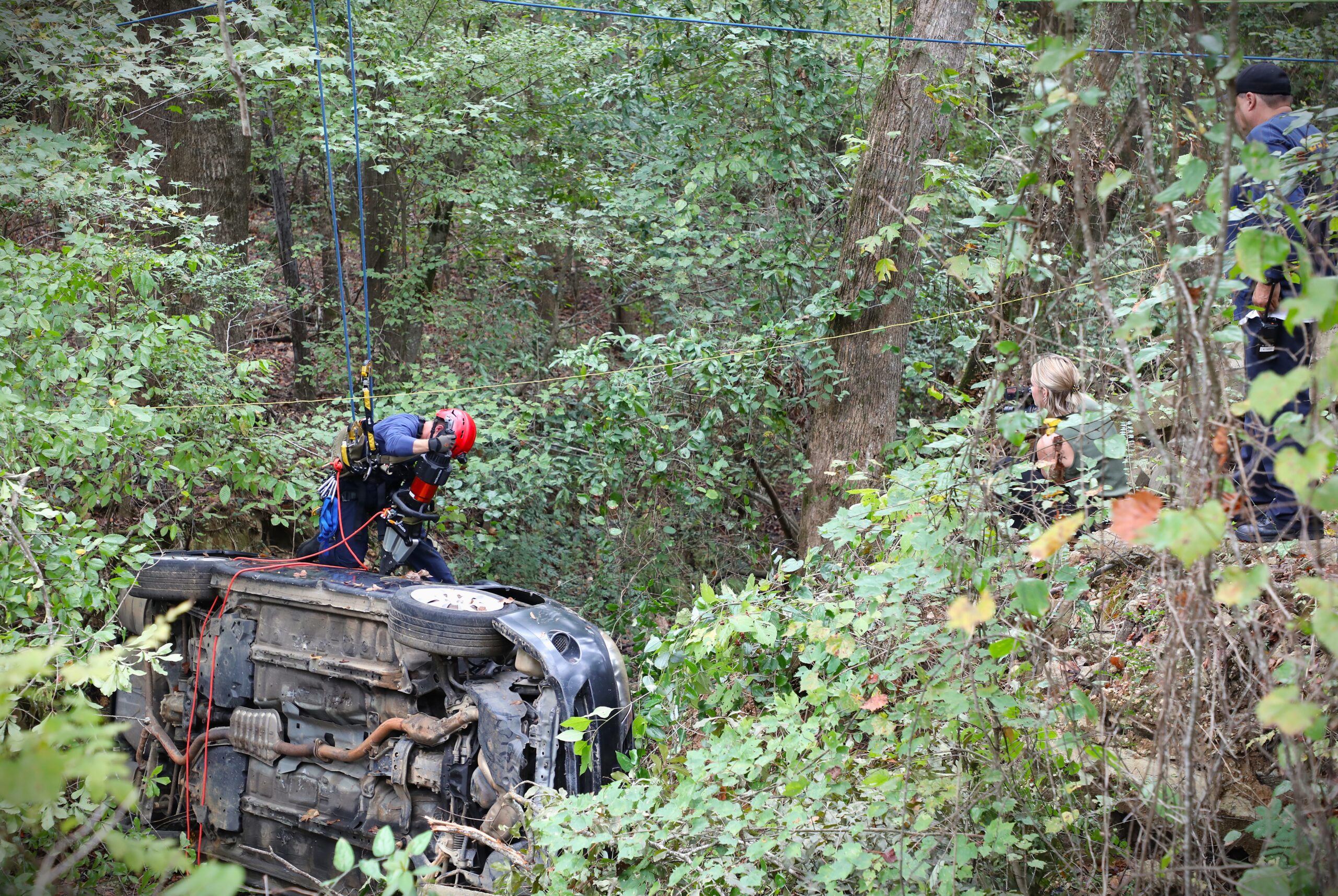 (Tuscaloosa - October 2023) Teams utilize extrication and rope rescue techniques to rescue a patient in a scenario in 2023's full-scale exercise.
